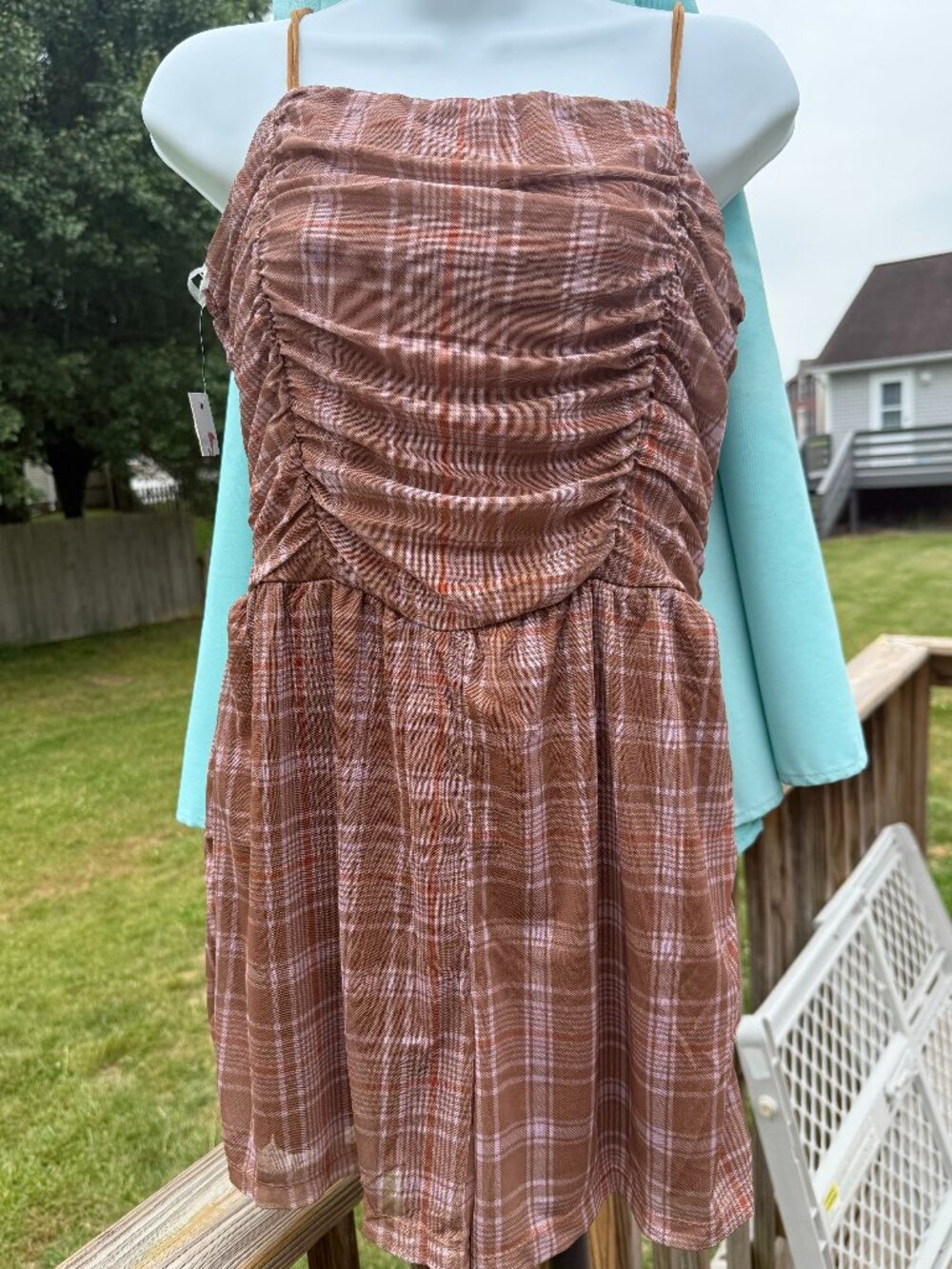 Ultra Flirt Plaid Ruched Romper Dress sz L Brown Coquette Y2K Academia Chic 3605